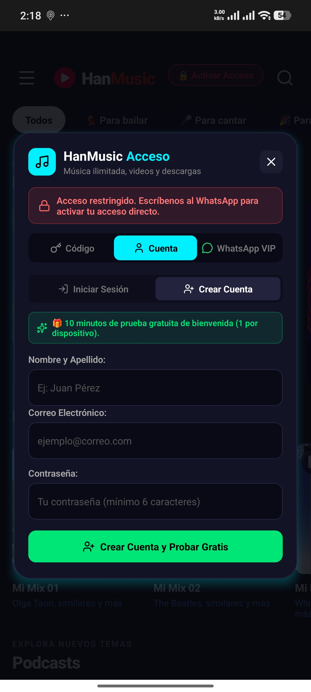Pantalla de Registro y Acceso en HanMusic
